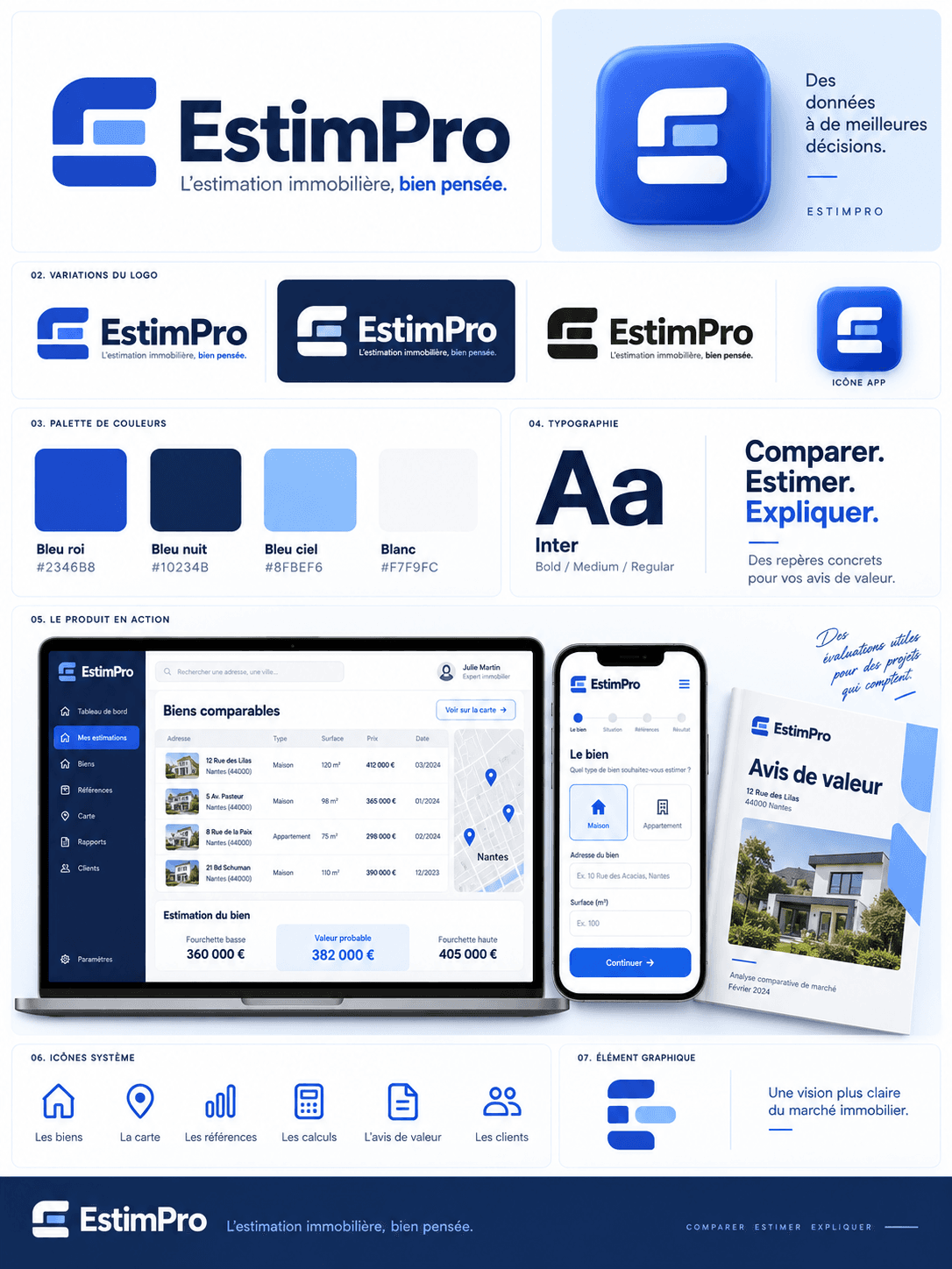 Planche générée EstimPro : logo bleu roi, variantes, palette, typographie et exemples d’application